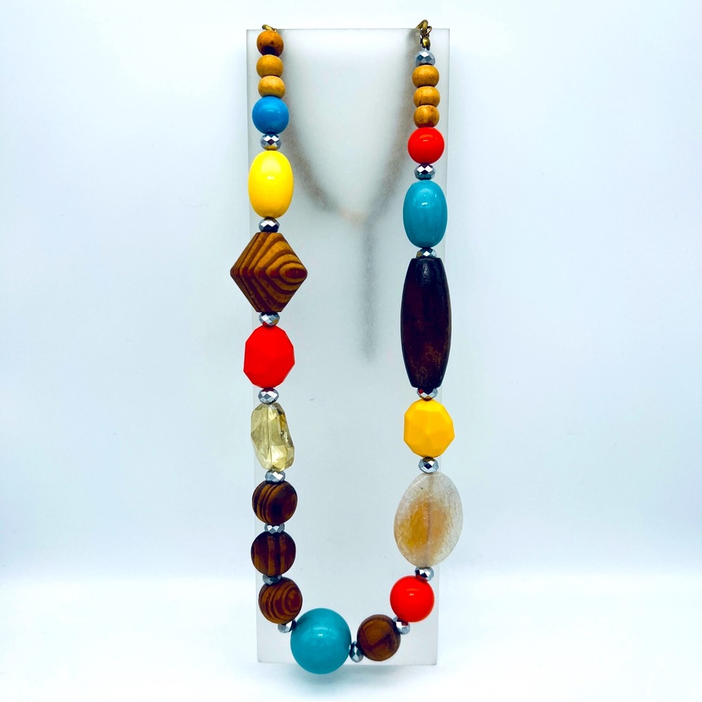 ANTHROPOLOGIE Colorful Chunky Necklace with Crystals & Wooden Beads